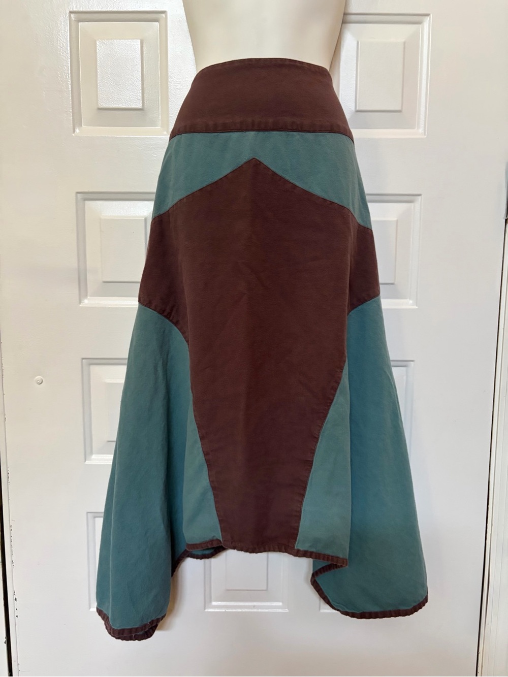 Boho Hippie Ethnic Cotton Brown Teal Color block Maxi A-line Skirt Large Nepal